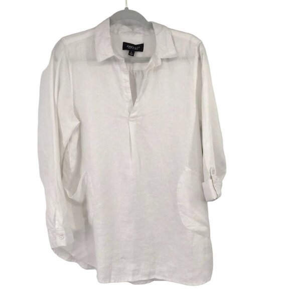 Jones & Co Womens White 100%  Linen  popover Top Size Large roll tab sleeve new - Picture 2 of 10